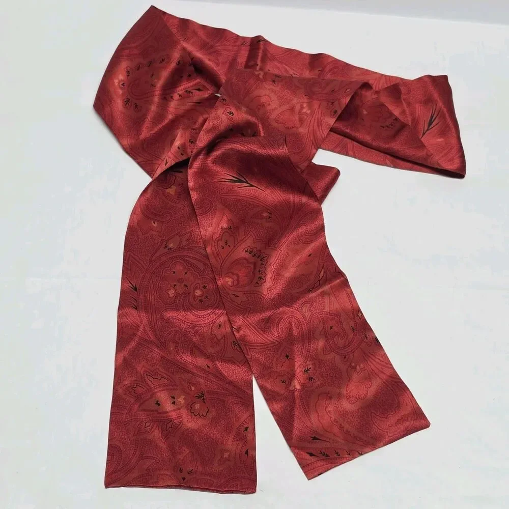 Vintage 100% Red Silk Paisley Thin Neck Scarf Purse Hair Tie 71